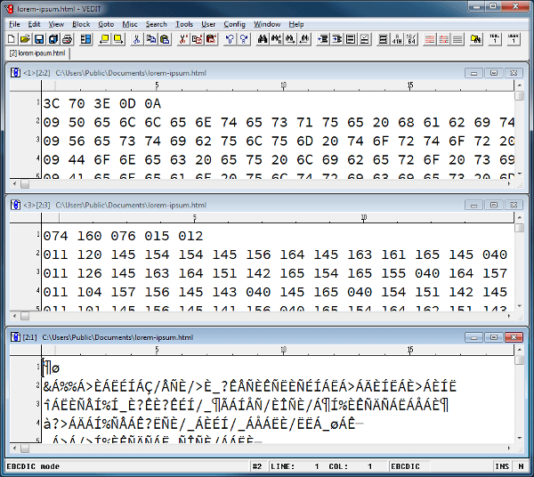 vEdit can display the same file as Hex, Octal and EBCDIC at the same time